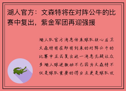 湖人官方：文森特将在对阵公牛的比赛中复出，紫金军团再迎强援