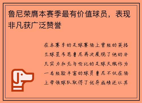 鲁尼荣膺本赛季最有价值球员，表现非凡获广泛赞誉