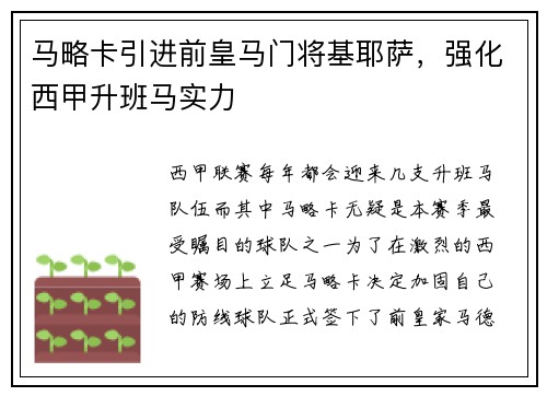 马略卡引进前皇马门将基耶萨，强化西甲升班马实力