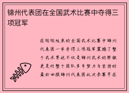 锦州代表团在全国武术比赛中夺得三项冠军