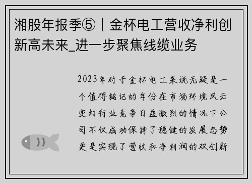 湘股年报季⑤｜金杯电工营收净利创新高未来_进一步聚焦线缆业务